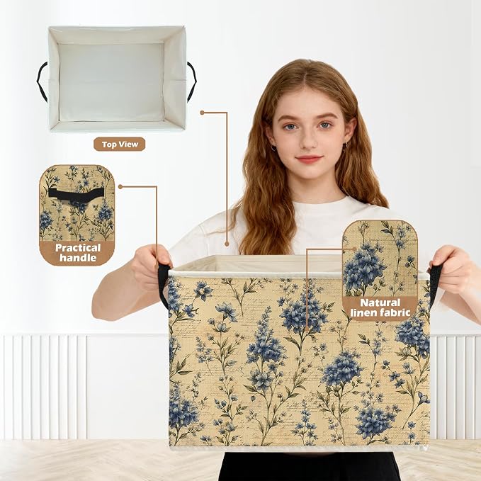 Vintage Blue Floral Storage Box Bins, Rustic Cottagecore Botanical Flower Collapsible Storage Basket Organizer for Bedroom Laundry Room Home Clothes Books, Decor for Room