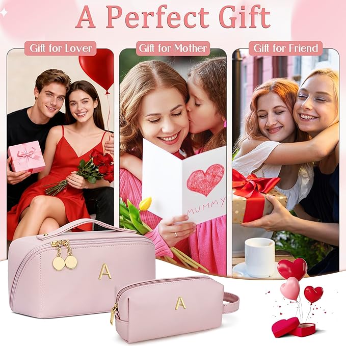 KKXIU Initial Makeup Bag for Women - Personalized Makeup Bag Gifts for Women, Travel Toiletry Bag with PU Leather, Open Flat Design with Top Handle, Cosmetic Bag Set with Multi-Pocket (Pink,A)
