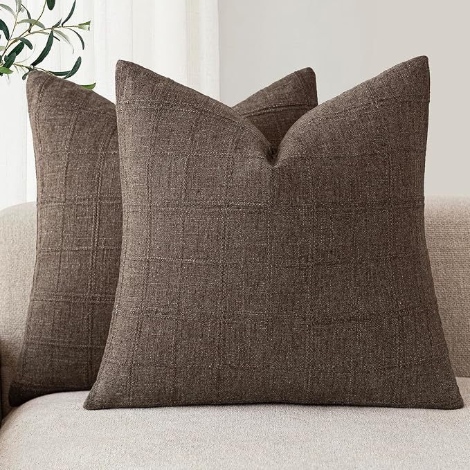 Foindtower Set of 2 Decorative Linen Check Throw Pillow Covers Neutral Farmhouse Vintage Cushion Covers Modern Boho Home Decor for Sofa Chair Couch Bedroom Living Room,24×24 Inch,Dark Brown