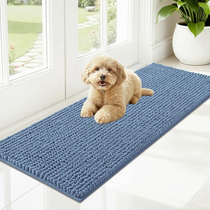 OLANLY Dog Door Mat for Muddy Paws 47x17, Extra Absorbent Chenille Mud Mat | Airy Blue, Absorbs Moisture and Dirt, Non-Slip Machine Washable Doormat, Quick-Drying Indoor Entryway Floor Mat for Dogs