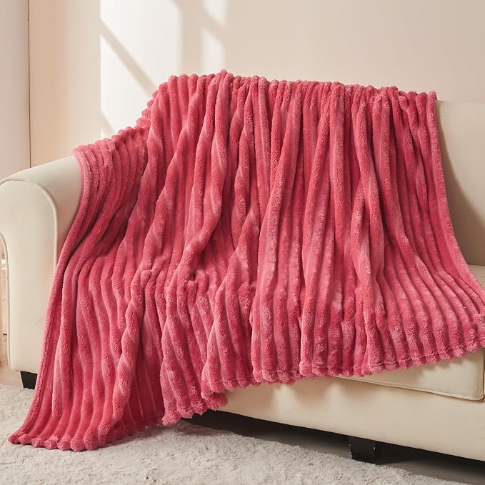 NEWCOSPLAY Fleece Ribbed Cozy Throw Blanket for Couch, Coral Pink, 50"x60" | Premium Silky Flannel Blanket, Soft Lightweight Fluffy Throw Blanket for Bed Sofa Decor, Gift for All Season Use