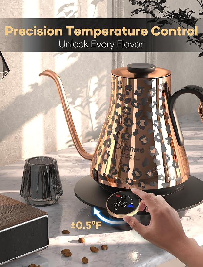 Cocinare Artisan Collection Gooseneck Electric Kettle, ±0.5℉ Precise Temperature Control for Pour-Over Coffee & Tea, Quick Heating 1500W, Stainless Steel Interior, 0.9L (Wild Gold)