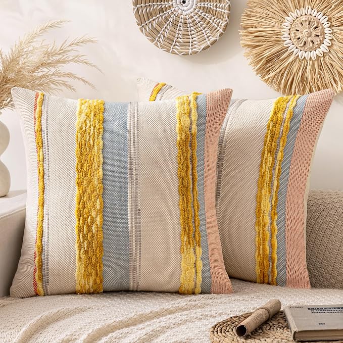 ANRODUO Boho Decorative Throw Pillow Covers Yellow Stripe 18x18 Pack of 2 | Throw Pillow Covers, Farmhouse Cushion Case, Chenille Pillow Cases, Pillow Covers, Neutral Pillowcase for Sofa Couch Bed