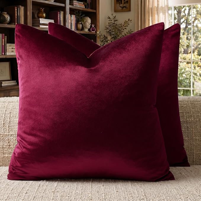 GIGIZAZA Burgundy Velvet Pillow Covers 22x22 Decorative Pillows Pack of 2 | Red Throw Pillows for Couch Sofa,280gsm Soft Textured Fabric,Modern Square Pillowcases,Luxury Cushion Covers