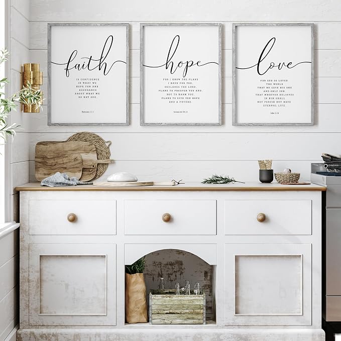 Houmury Set of 3 Framed Farmhouse Bible Verses Wall Decor Sign 11”x14” Christian Faith Scripture Wall Art for Home Bedroom Wall Decor (11"x14" Grey)