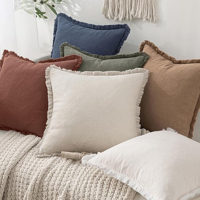 MIULEE Linen Fringe Decorative Fall Throw Pillow Covers Autumn Glaze 18x18 | Set of 2, Cottagecore Decor, Boho Farmhouse Neutral Pillow Covers, Rustic Fall Couch Cushion Cases for Sofa Bed Living Room
