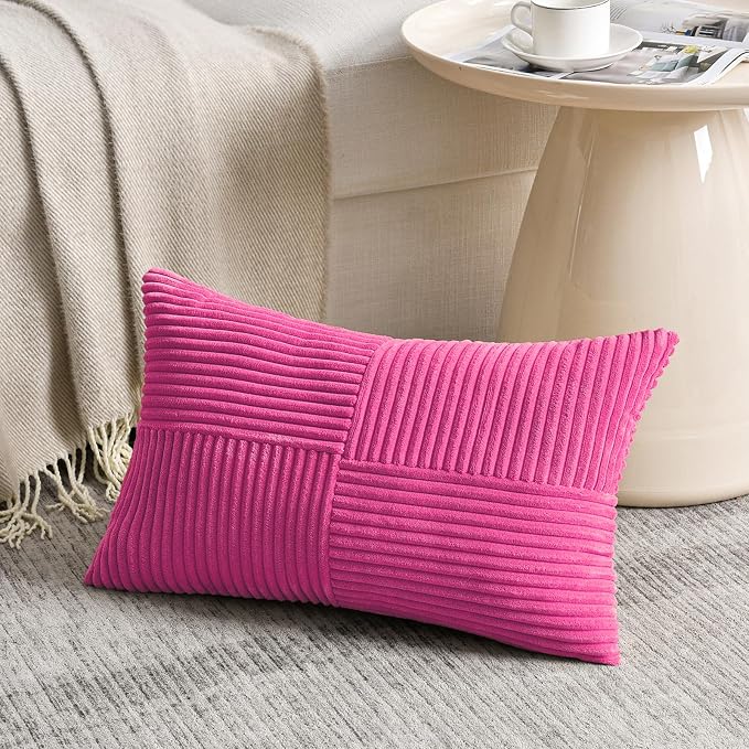 Fancy Homi Hot Pink Lumbar Decorative Throw Pillow Covers 12x20 Inch for Living Room Couch Bed Sofa, Rustic Farmhouse Boho Home Decor, Soft Striped Corduroy Rectangle Accent Cushion Case
