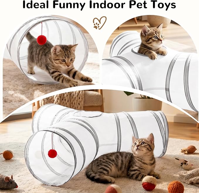 Tempcore Cat Tunnel, 3-Way Collapsible Toy for Indoor Cats, White & Grey