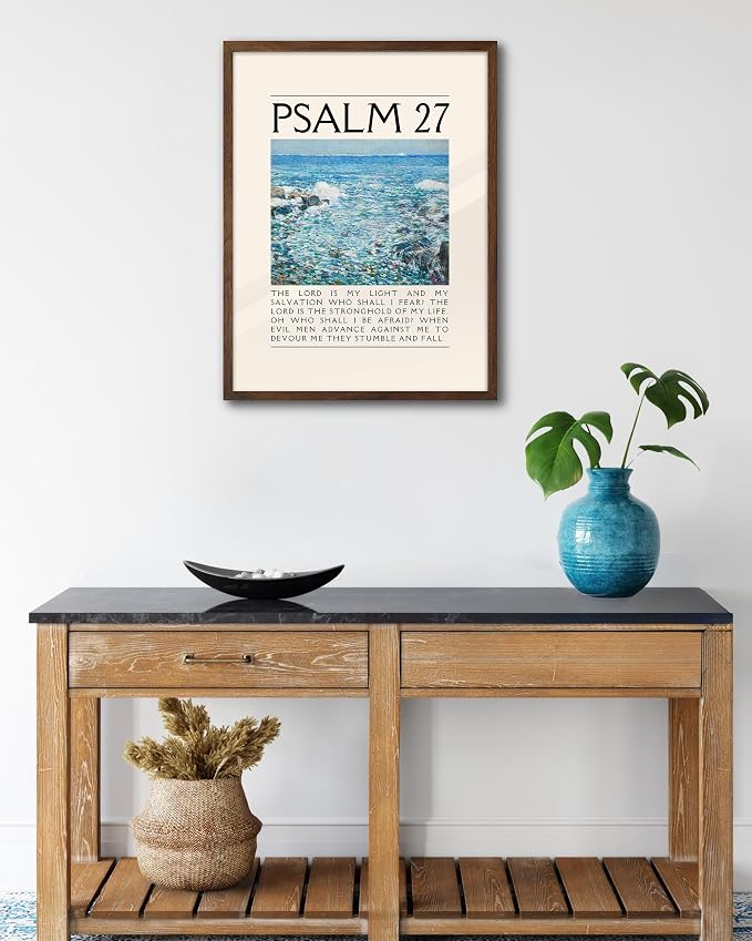 EcoHest 12x16 in Psalm 27 Ocean Framed Bible Verse Christian Wall Art | Walnut Color Solid Oak Frame， Canvas Wall Art, Coastal Scripture Wall Decor for Bedroom, Living Room, Office, Church, 1Pack