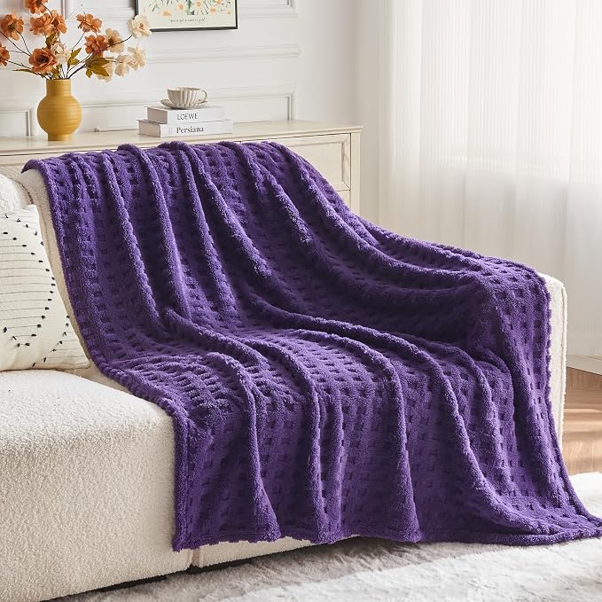 NEWCOSPLAY 3D Waffle Checkered Flannel Throw Blanket, Dark Purple, 50"x70" | Super Soft Cute Lightweight Decorative Premium Silky Fleece Blanket for Couch Sofa Bed, Gift for Women Men, All Season Use