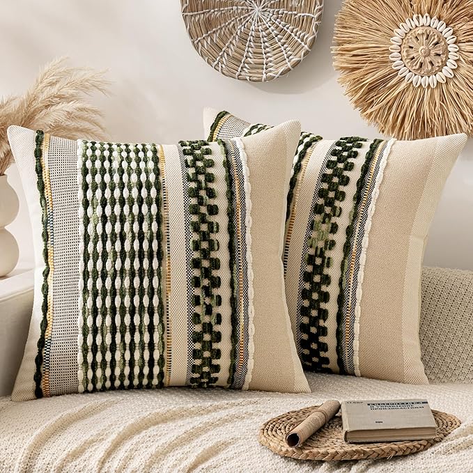 ANRODUO Boho Decorative Pillow Covers Olive Green Stripe 20x20 Pack of 2 | Throw Pillow Covers, Farmhouse Cushion Case, Chenille Pillow Cases, Pillow Covers, Accent Neutral Pillowcase for Couch Bed