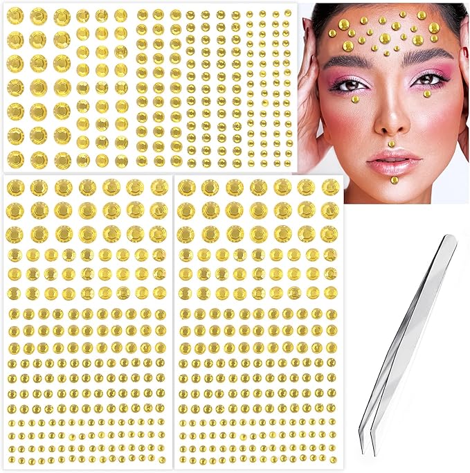 591pcs Face Gems Hair Gems Pearls, Self-Adhesive Face Jewels Eye Rhinestones 3/4/5/6/8 mm Face Gem Stick on, Halloween Makeup Gems Rave Accessories for Face Eyes Body Makeup (07.Light Gold)