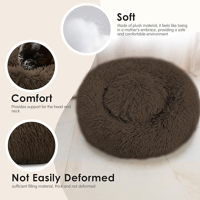 Hoewina Dog & Cat Bed, 20in Cat Beds for Indoor Cats, Calming Donut Bed for Puppy and Kitten, Washable Round Fluffy Pet Bed for Small Medium Dogs and Cats (Coffee)