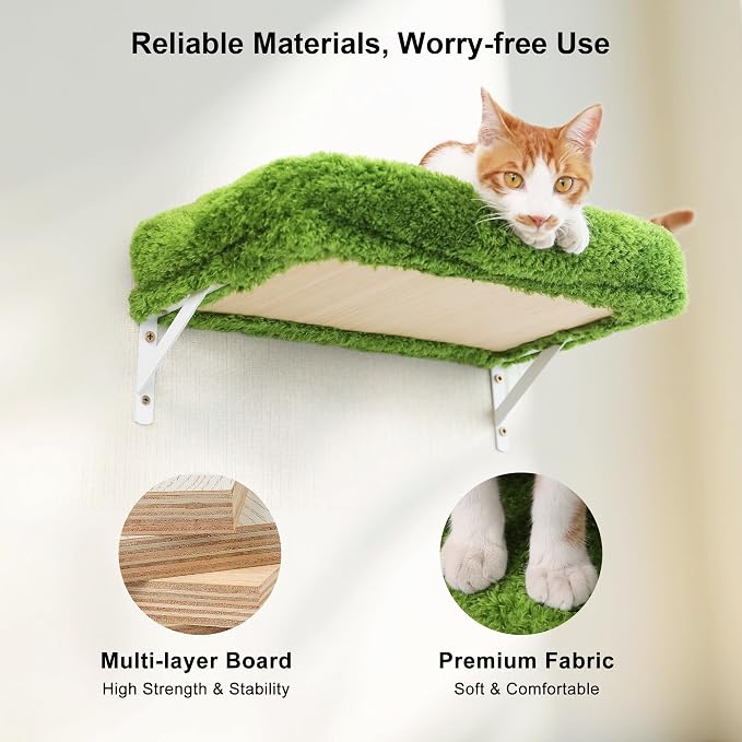 FUKUMARU Cat Wall Shelves, 4 in 1 Set, Green | Stable & Safe Cat Walls Furniture, Wooden Kitten Climbing Wall with Scratching Post for 16 Inch Drywall