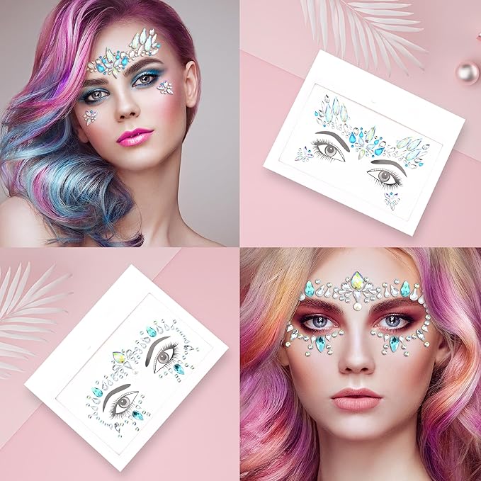 SAOROPEB Face Gems - 6 Sets Mermaid Face Jewels Temporary Tattoo Stickers Acrylic Crystal Glitter Stickers Waterproof Eye Gems Stick On Rainbow Tears Rhinestone for Party, Rave Festival
