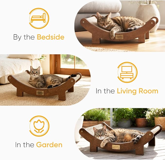 FUKUMARU Extra Large Sisal Cat Scratcher Bed Indoor Sturdy Wood Scratch Bed | 27.4 Inch Large Cat Scratching Bed Scratch Pad, 100% Natural Sisal Cat Hammock, Solid Wood Frame Lounger Chair Sofa