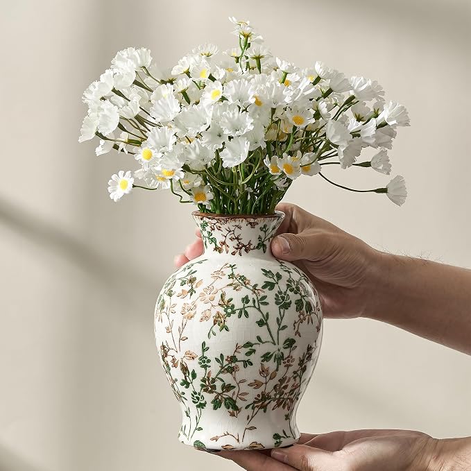 6.73" Ceramic Flower Decorative Antique Vase, Vintage Rustic Chinoiserie Floral Vase for Home Decor, Living Room, Bookshelf, Office, Entryway, Garden, Tuscan Decor, Chinoiserie Decor