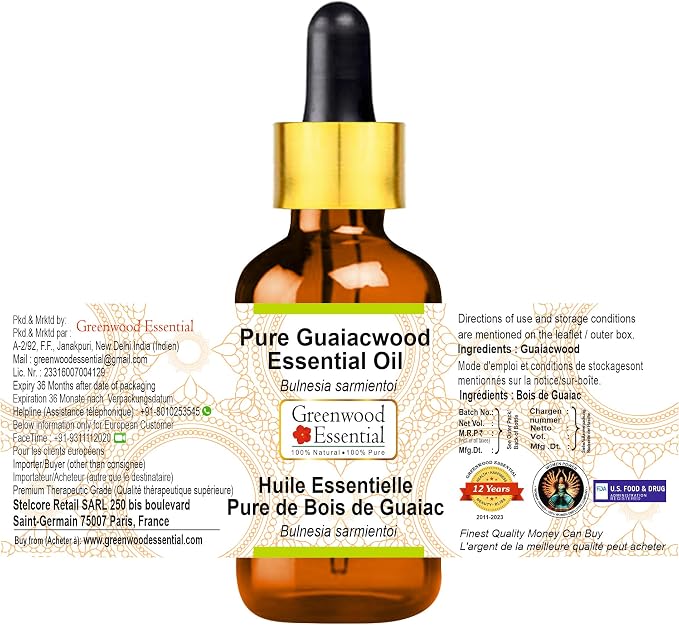 Greenwood Essential Guaiacwood Essential Oil (Bulnesia sarmientoi) with Glass Dropper | Pure | Viscous Texture | Rich Aroma | Unisex | All Skin Types |Natural Extract Steam Distilled 15ml (0.50 oz)