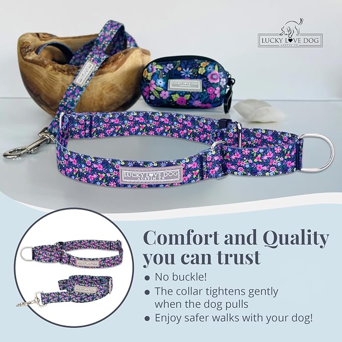 Lucky Love Dog Martingale Collar & Leash Set No Slip Cute – Primrose, Large