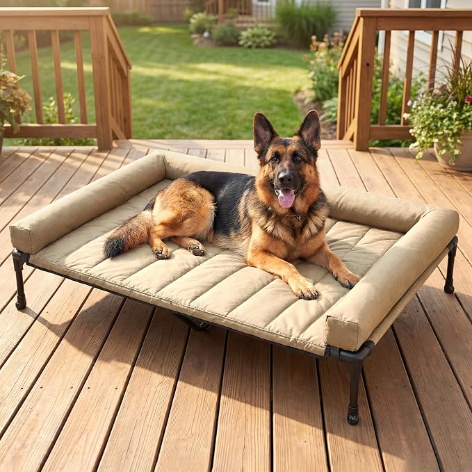Veehoo Outdoor Elevated Dog Bed with Waterproof Bolster Cushion, Cooling | Raised Dog Bed with Removable & Washable Mat Topper, Breathable Mesh, Dog Couch Cot for Indoor Outdoor, 53", Large, Beige