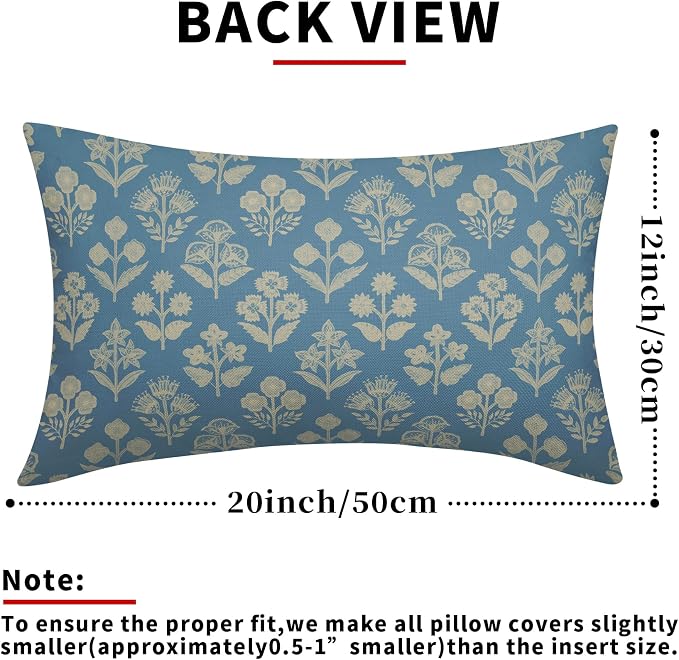 Light Blue Pillow Covers 12x20 Inch Set of 2, Cream Floral Block Print Pattern Lumbar Decorative Throw Pillowcases Outdoor Farmhouse Rectangle Cushion Covers Spring Summer Sofa Couch Bed Decor