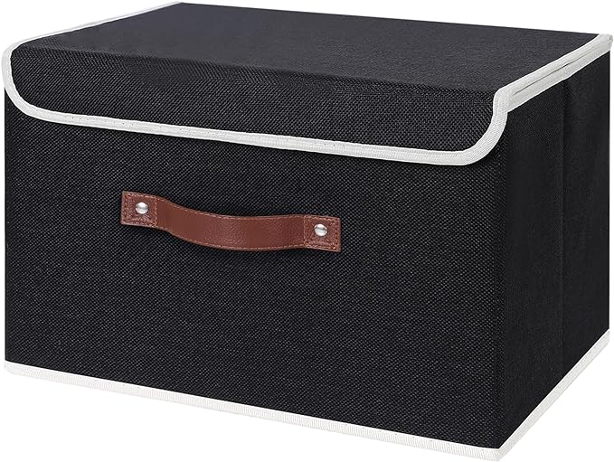 ANMINY Fabric Storage Box Bins with Lids, Black, 15"x10"x10" | Keepsake Memory Storage, Cotton Linen, PP Board Reinforced, Washable, PU Handles, Foldable & Stackable, Decorative, Large