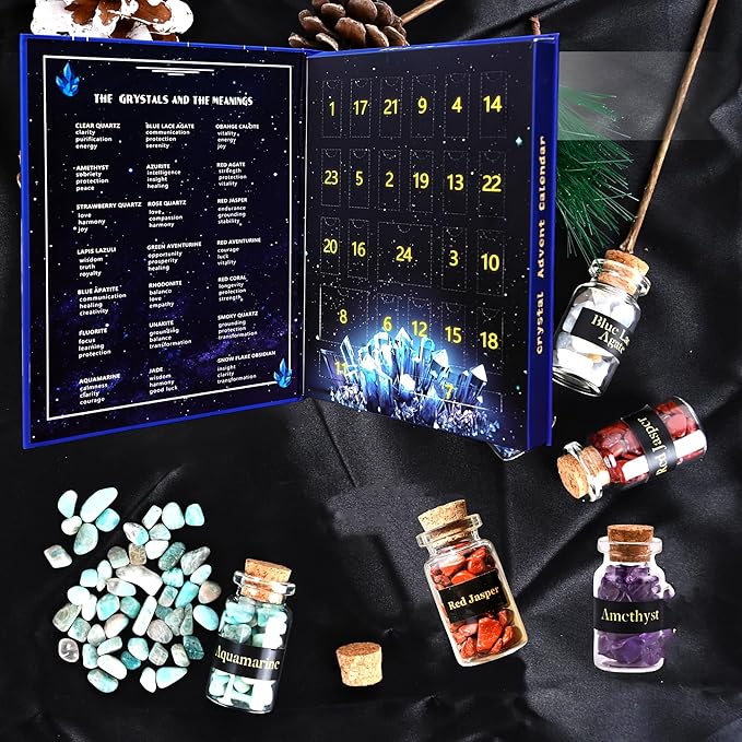 Crystal Advent Calendar 2025 Healing Crystal Natural Gemstone 24 Days Christmas Countdown Calendar for Adult - Natural Crystals Chips Bottles Gift Set for Witch Beginne