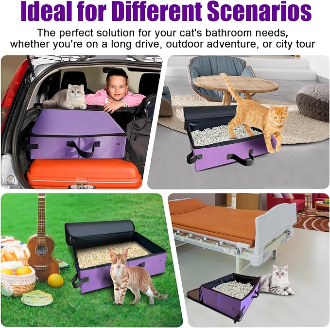 Large Portable Cat Travel Litter Box with Lid,Silicone Folding Bowl & Little Scooper, Leak-Proof and Foldable Travel Cat Litter Box for Hotels, Car and Camping, Odor-Free & Waterproof, 20x14x6.5''