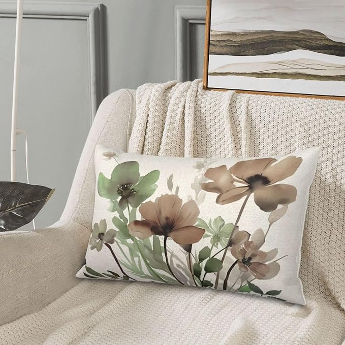 Floral Pillow Covers 12x20 Inches Set of 2 Sage Green Brown Floral Throw Pillow Cover Outdoor Decor Spring Summer Flower Decoration Pillowcase Farmhouse Decorative Cushion Cover For Couch Sofa
