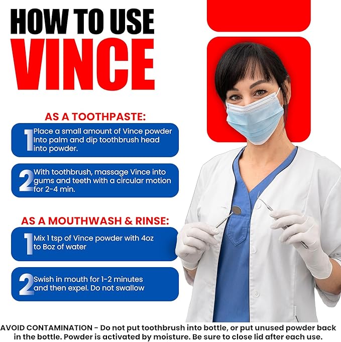Vince Gum & Mouth Toothpaste Powder - Dentifrice & Mouthwash - Cavities - Gingivitis - Irritated, Bleeding & Receding Gums - Canker Sore - Bad Breath - Inflammation - Tonsil Stones - 4oz (Pack of 2)