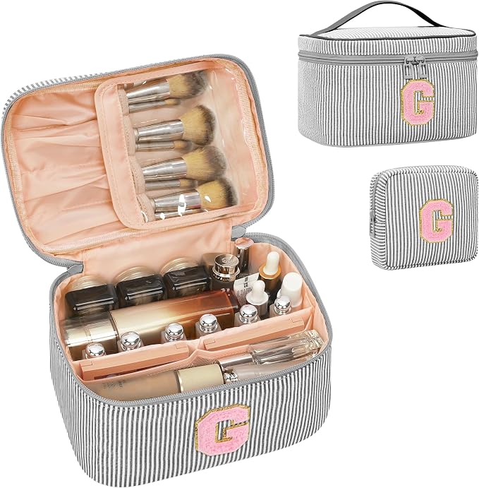 MONSTINA Personalized Initial Makeup Bag with Brush Holder for Women,Make Up Case for Girlfriend Bridesmaid Wife,Birthday Gift for Her Cute Toiletry Bag,2PCS,Black G