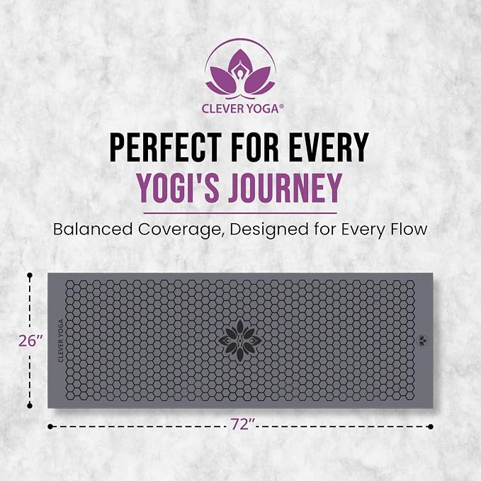Clever Yoga Hot Yoga Mat Towel – Non-Slip Grip for Hot Yoga, Sweat Absorbent, Honeycomb Silicone Grip, Stays Flat – Ideal for Pilates, Travel, Washable & Lightweight - Gray