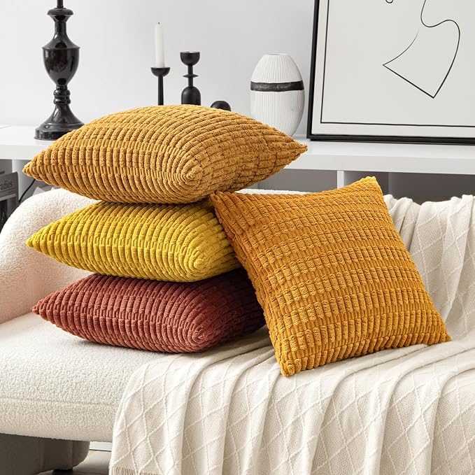MIULEE Pack of 4 Fall Corduroy Throw Pillow Covers 18x18 Orange-Yellow | Neutral Rustic Farmhouse Boho Soft Striped Pillow Covers,Home Decor for Sofa,Living Room,Couch,Bed