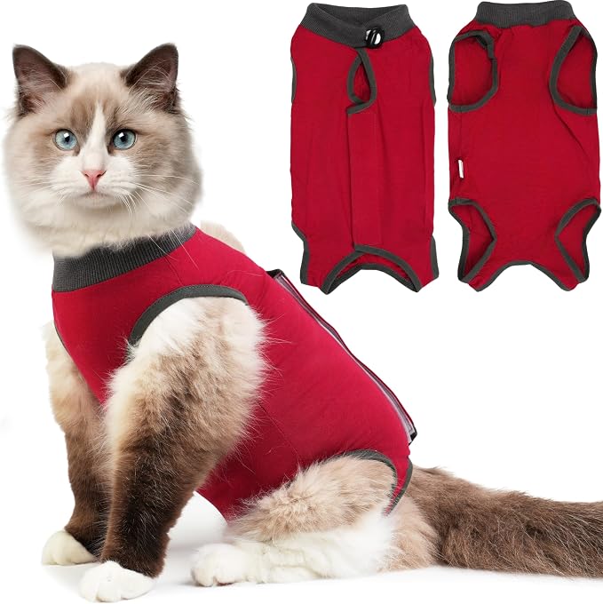 Hpetppy Cat Recovery Suit After Surgery, Breathable Cat Surgery Recovery Suit for Spay Abdominal Wounds or Skin Diseases, E-Collar Alternative Wear for Small Male Female Pets (Red,L)