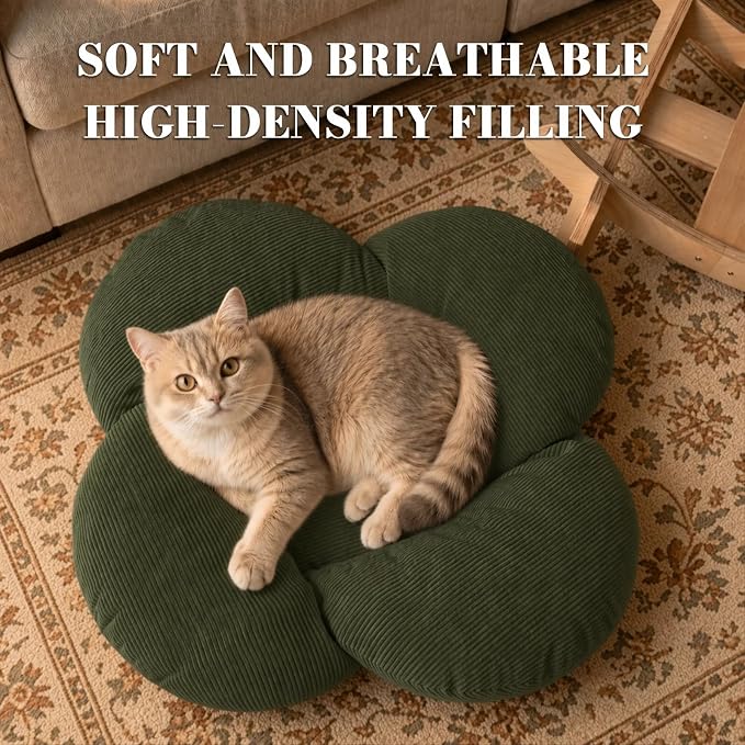 Elevated Flower Cat Bed Wooden Removable Cushion for Indoor Cats Small Dogs | Pet Couch Sofa with Fluffy Cushion, Raised Kitty Lounge Chair Suitable for Puppy, Modern Cat Furniture (Green)