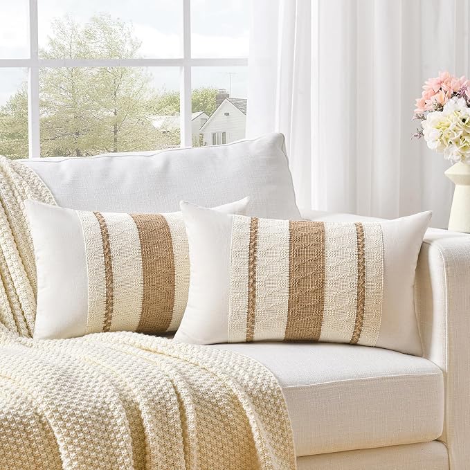 Fancy Homi Set of 2 Boho Neutral Long Lumbar Decorative Throw Pillow Cover 16x24 Inch for Couch Bed Sofa Chair, Modern Organic Farmhouse Home Decor, Soft Cotton Cute Accent Tan Rectangle Cushion Case