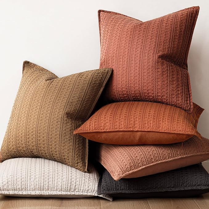 Foindtower Set of 2 Decorative Cotton Waffle Weave Throw Pillow Cover Euro Shams Cushion Covers Accent European Pillowcase For Bed Couch Sofa Bedroom Living Room Home Decor 20×20 Inch Fall Rust Orange