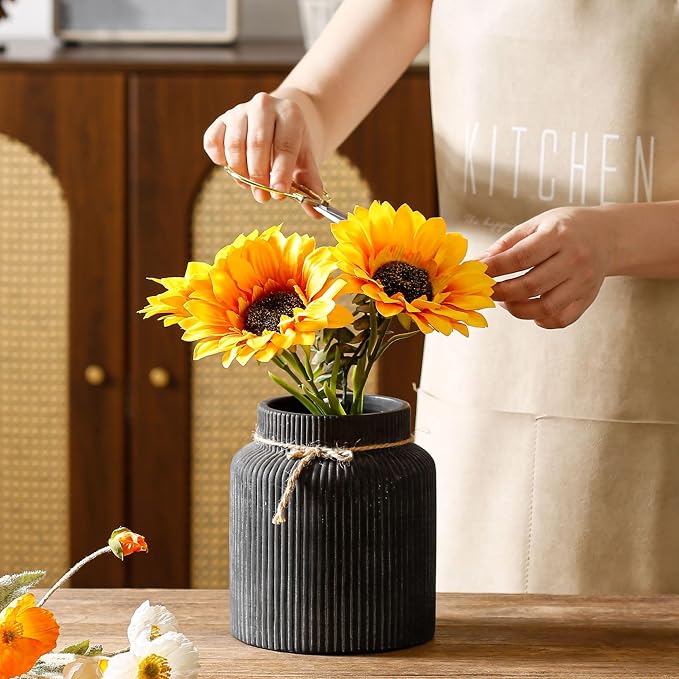 Rustic Ceramic Flower Vase, 7.2in Vintage Black Ribbed Vases for Home Decor | Farmhouse Decorative Terracotta Vases Wide Mouth Vase for Bedroom Living Room Table Centerpieces Shelf Cabinet Decorations