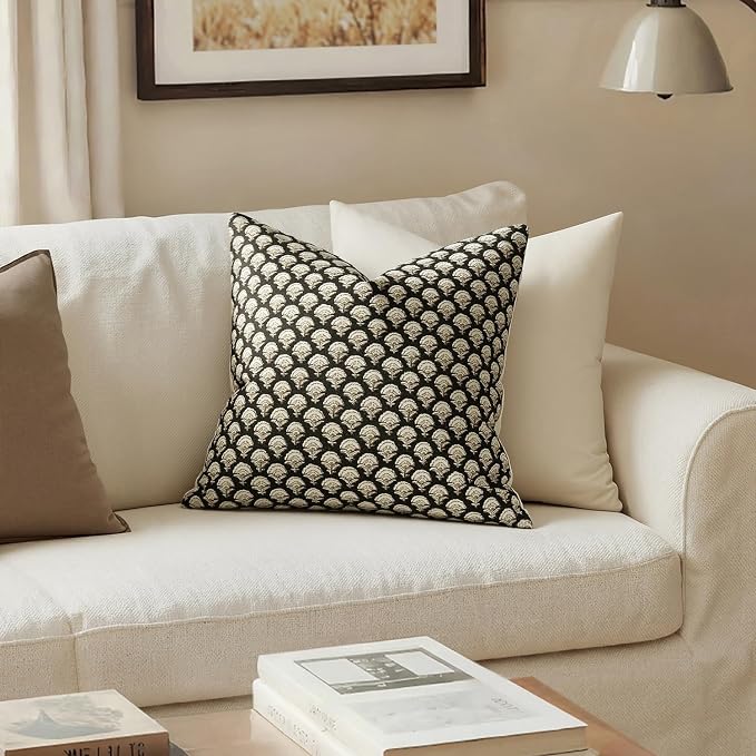 MIULEE Floral Print Decorative Pillow Covers Fall 20x20, Black Gold | Vintage Boho Farmhouse Modern Home Decor, Set of 2, Block Print Cushion Covers for Couch Sofa Bed Living Room