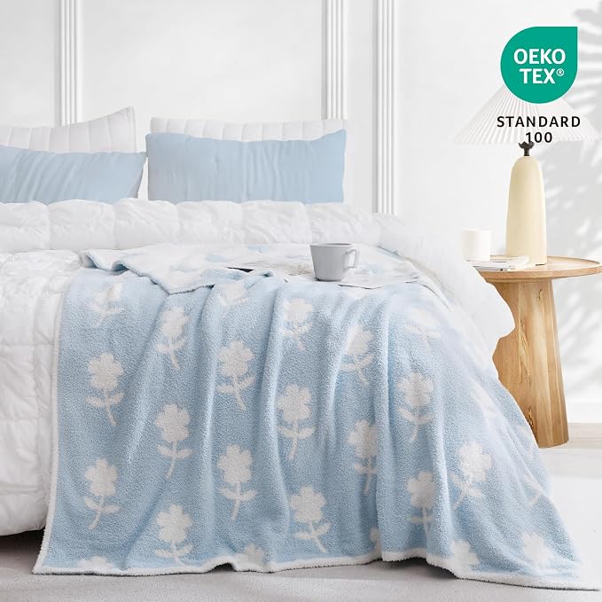 Snuggle Sac Twin Size Bedding Blanket, Blue Flower Throw Blanket for Couch, Microfiber Fluffy Warm Cozy Fuzzy Soft Reversible Blankets, Blue, 60x80 inches