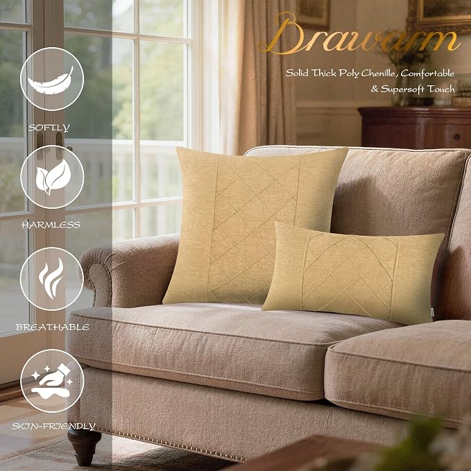 BRAWARM Chenille Throw Pillow Covers 22x22 Inches, Gold, 2 Pack | Decorative Pleated Pillow Covers, Soft Cushion Cases for Sofa Bed Living Room Home Farmhouse (No Insert)