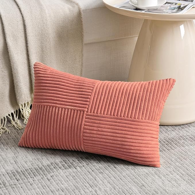 Fancy Homi Set of 1 Coral Long Lumbar Decorative Throw Pillow Covers 12x24 Inch for Couch Bed Sofa, Rustic Farmhouse Boho Home Decor, Soft Striped Corduroy Rectangle Accent Peach Cushion Case 30x60 cm