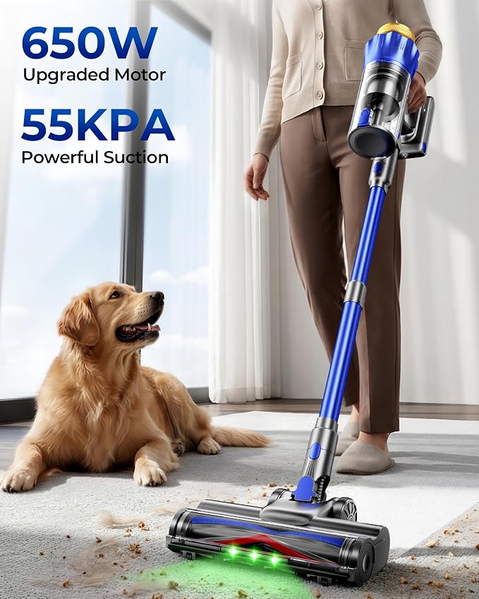 Cordless Vacuum Cleaner, 650W 55KPa Powerful Suction, 70Mins Self-Standing Stick Vacuum with Anti-Tangle Brush, Touch Screen & 1.8L Dust Cup, Vacuum Cleaners for Home, Pet Hair, Carpets & Hard Floors