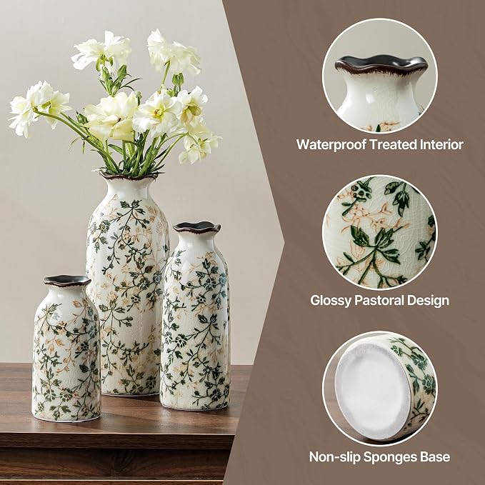 Ceramic Flower Vase Set for Home Decor, Vintage Green Vase (6+8+10 Inch) | Rustic Farmhouse Floral Vase for Entryway, Living Room, Kitchen, Coffee Table, Mantel, Bookshelf, Wedding Centerpiece