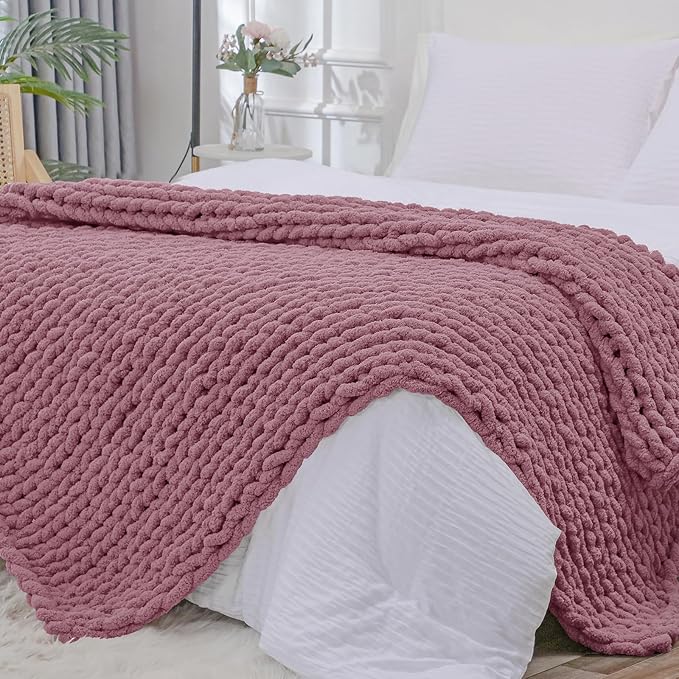 Bigacogo Chunky Knit Throw Blanket for Couch, 40x80 inches, Burnt Rose | Hand Knit with Jumbo Chenille, Soft Breathable Cable Knit for Sofa Bed Living Room, Machine Washable, Gift for Mom Friend