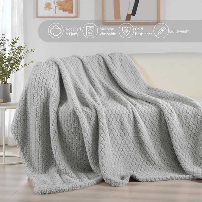 Exclusivo Mezcla Soft Fleece King Size Blanket for Bed, Light Grey | Jacquard Lightweight Cozy Bed Blanket, Breathable Decorative Fuzzy Textured All Season Use, 90x104 Inches