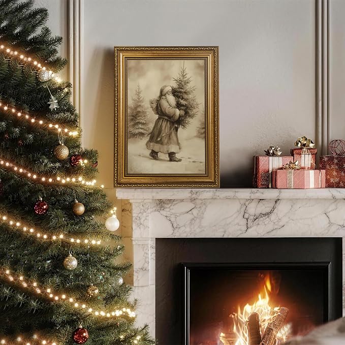 Fantasy Artists Christmas Framed Canvas Wall Art, Vintage Santa Claus Carrying Christmas Tree Gold Frame Print, Classic Holiday Wall Decor for Living Room Bedroom Entryway, Ready to Hang, 12" Wx16 H