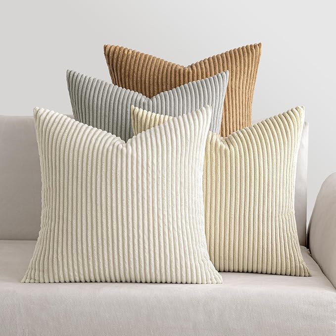 MIULEE Soft Corduroy Decorative Throw Pillow Covers Neutral 18x18 | Set of 4, Mid Century Home Decor, Cream Brown Collection, Boho Farmhouse Cushion Covers for Couch Bed Sofa Living Room