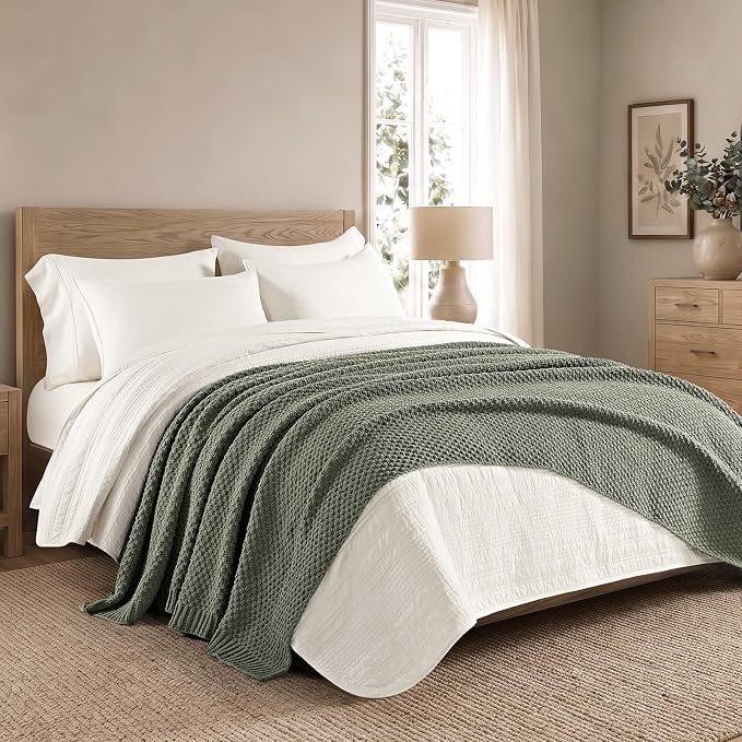 EVERGRACEHOME Chunky Chenille Knit Throw Blanket, 108x92, Dried Thyme Green | Sculpted Moss Stitch, Chic Modern Farmhouse, All-Season Warmth, OEKO-TEX® Certified, Oversized King for Couch, Bed, Sofa