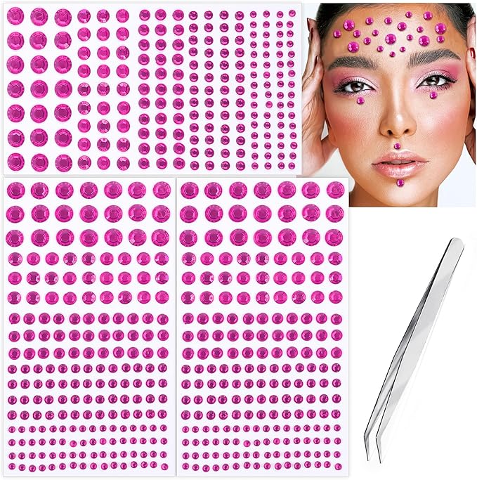 591pcs Face Gems Hair Gems Pearls, Self-Adhesive Face Jewels Eye Rhinestones 3/4/5/6/8 mm Face Gem Stick on, Halloween Makeup Gems Rave Accessories for Face Eyes Body Makeup (10.Pink)